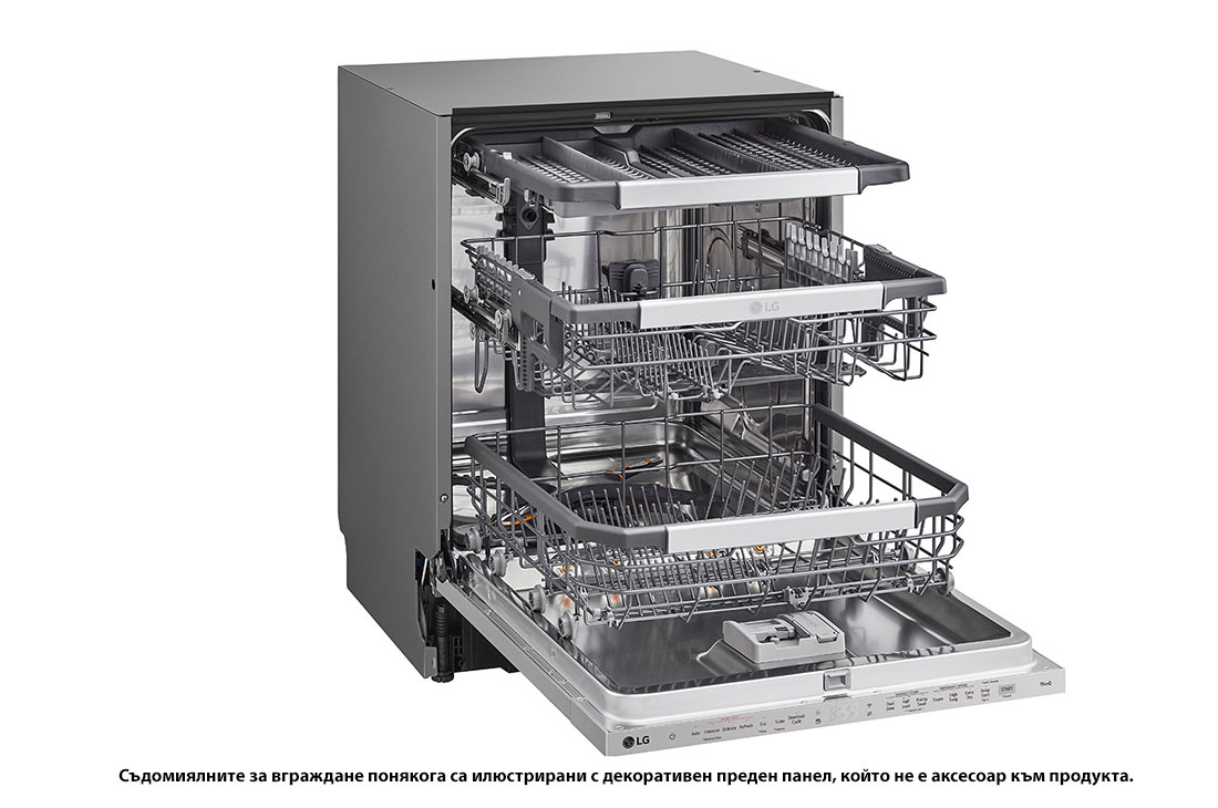 LG QuadWash™ Съдомиялна за вграждане с пара TrueSteam™ технология, Авт. отваряне на вратата, 14 комплекта съдове, ThinQ™ WiFi, Изглед от дясна страна с отворена врата, DB476TXS, thumbnail 10