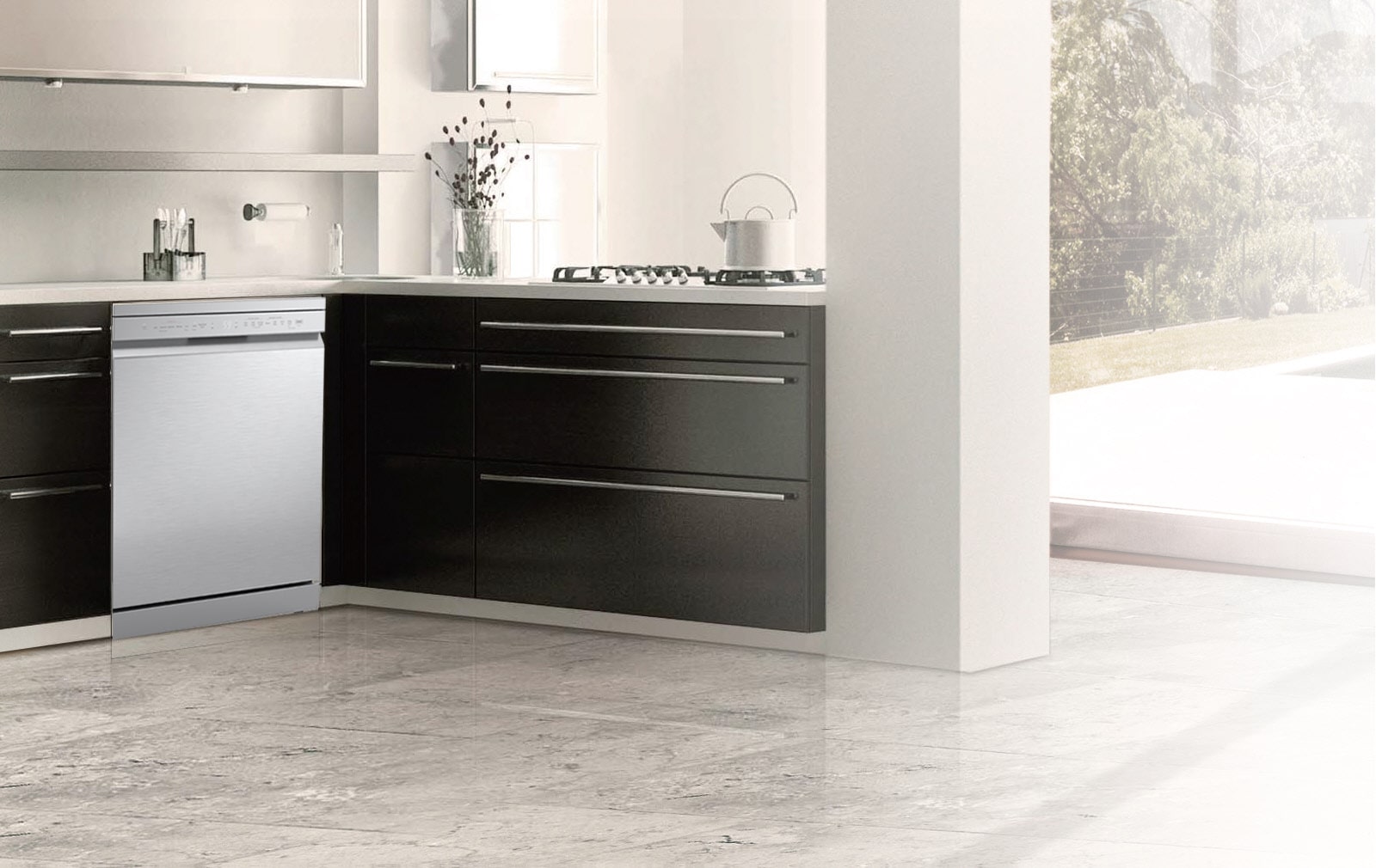 LG свободностояща съдомиялна машина с модерен дизайн, подходяща за вграждане в кухненски шкаф.