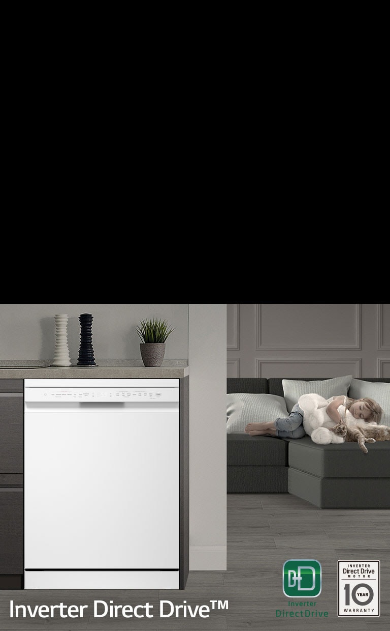 Свободностояща съдомиялна машина с тих LG Inverter Direct Drive мотор, подходяща за вграждане в кухненски шкаф.