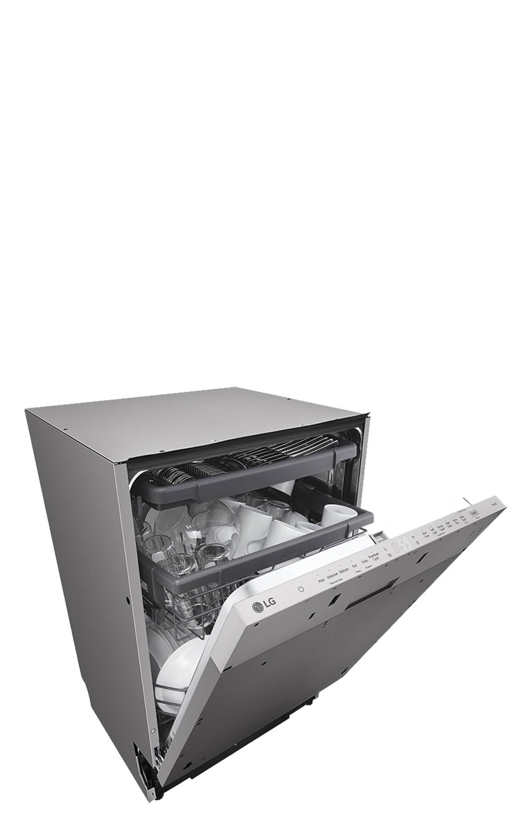 Показва изображение на модел съдомиялна с частично отворена врата.