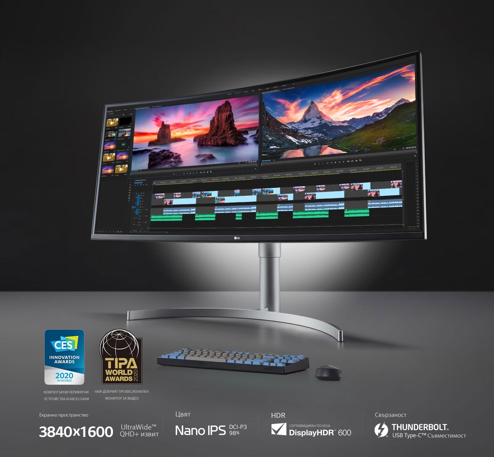 "(изображение на ЛОГОТО) ЛАУРЕАТ НА НАГРАДАТА ЗА ИНОВАЦИИ НА CES ЗА 2020 Г.: КОМПЮТЪРНИ ПЕРИФЕРНИ УСТРОЙСТВА И АКСЕСОАРИ (изображение на ЛОГОТО) СВЕТОВНИ НАГРАДИ TIPA 2020 Г.:  НАЙ-ДОБРИЯТ ПРОФЕСИОНАЛЕН МОНИТОР ЗА ВИДЕО Екранно пространство: 3840x1600 l UltraWide™ QHD+ извит Цвят: Nano IPS l DCI-P3 98% HDR: СЕРТИФИЦИРАН ПО VESA l DisplayHDR™ 600 Свързаност: Съвместимост с Thunderbolt™ USB Type-C™"