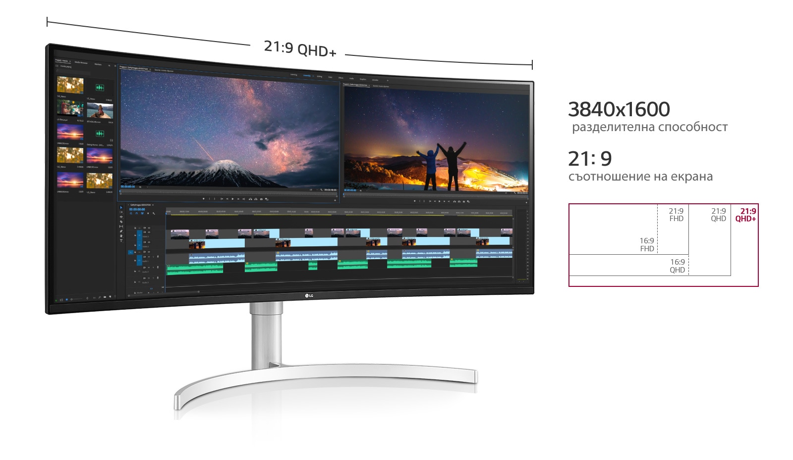 "21:9 QHD+: Сравнение на съотношението на екрана между 16:9 FHD, 21:9 FHD, 16:9 QHD, 21:9 QHD и 21:9 QHD+  Разделителна способност: Разделителна способност 3840x1600  Съотношение на екрана: 21:9"