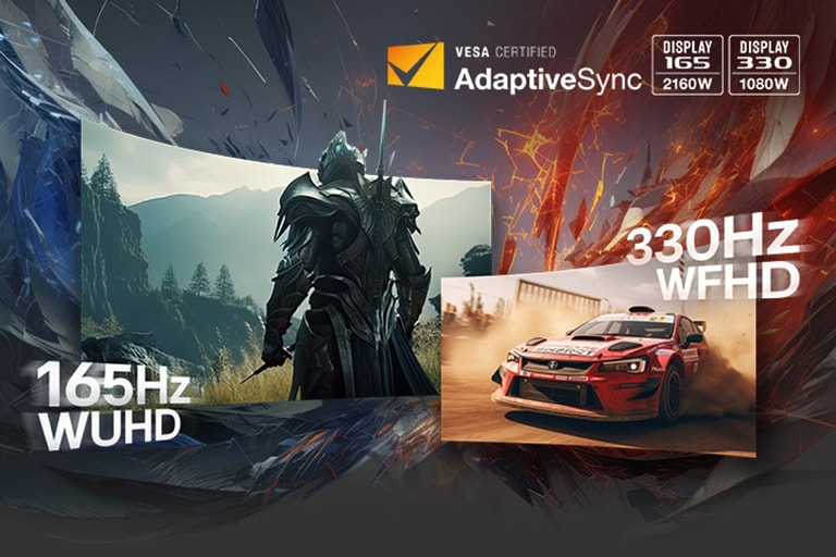 Рицар и състезателен автомобил, демонстриращи 165Hz WQHD и 330Hz WFHD.	