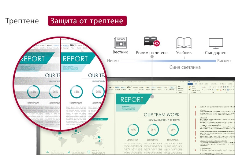 С Reader Mode (Режим на четене) можете да четете на екрана съдържание, като Textbook (Учебник) и News Paper (Вестник), докато се наслаждавате на чист екран благодарение на Flicker Safe (Защита от трептене).