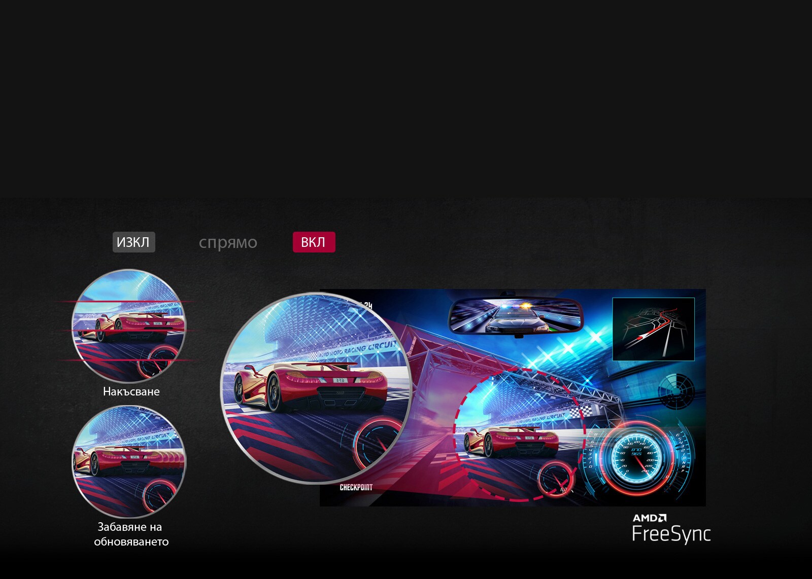 екран с накъсване и забавяне на обновяването без FreeSync в сравнение с екран с AMD FreeSync™