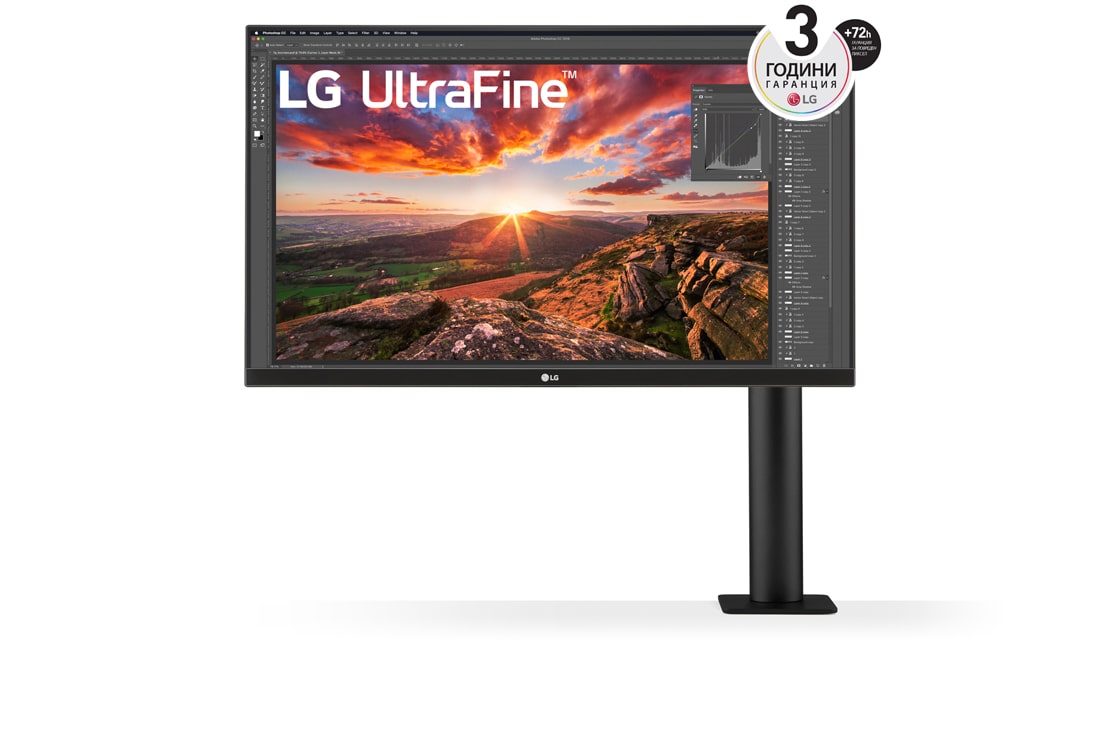 LG 27'' UltraFine™ UHD IPS HDR Монитор c USB-C и eргономична стойка, изглед отпред с рамото на монитора отдясно, 27UN880-B