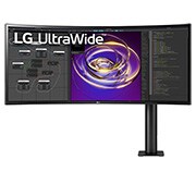 LG 34'' 21:9 извит UltraWide™ QHD (3440 x 1440) монитор Ergo, изглед отпред - рамото на монитора е отдясно, 34WP88C-B, thumbnail 1