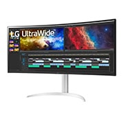 LG 37,5'' 21:9 извит UltraWide™ QHD+ (3840x1600) монитор, изглед отстрани под ъгъл +15 градуса, 38WP85C-W, thumbnail 2