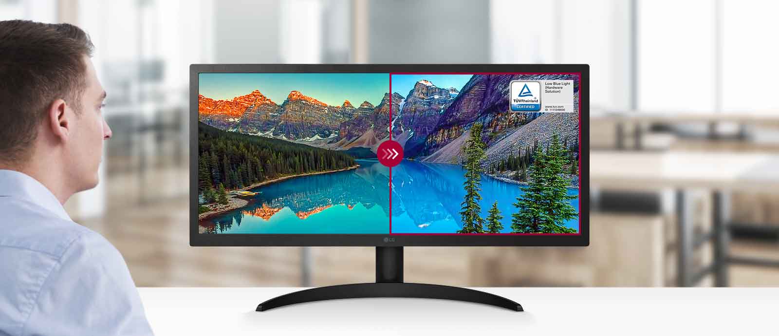 Вграденото хардуерно решение за ниско ниво на синята светлина, сертифицирано от TÜV Rheinland, запазва прецизността на цветовете на екрана и намалява до минимум излъчването на синя светлина за оптимално удобство за очите.