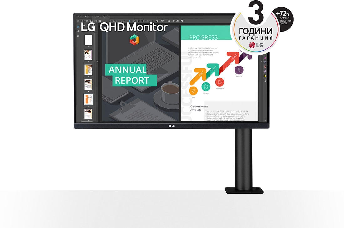 LG 27'' 4K UHD IPS Монитор c HDR10, AMD FreeSync™ , Изглед отпред - рамото на монитора е отдясно, 27QN880P-B