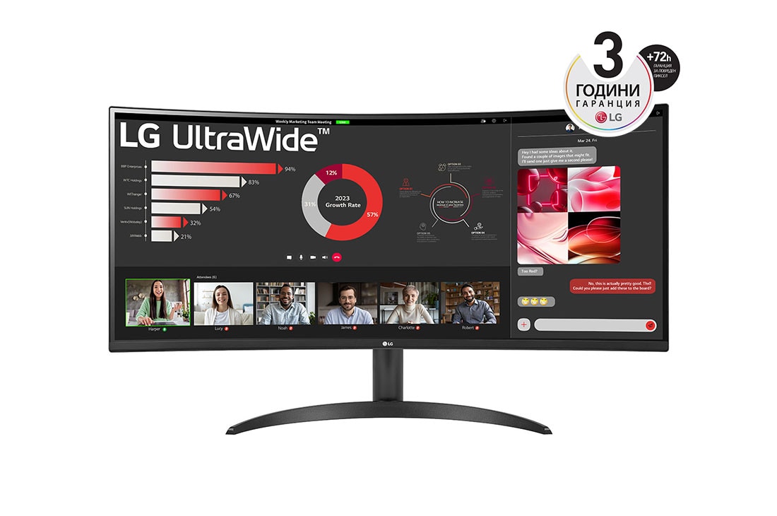 LG 34” UltraWide™ 21:9 извит VA монитор с 100 Hz честота на опресняване, изглед отпред, 34WR50QC-B