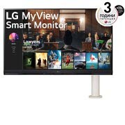 LG 32'' 16:9 съотношение на страните 4K UHD Smart Monitor с Ergo стойка и webOS платформа, изглед отпред - рамото на монитора е отдясно, 32SQ780S-W, thumbnail 1