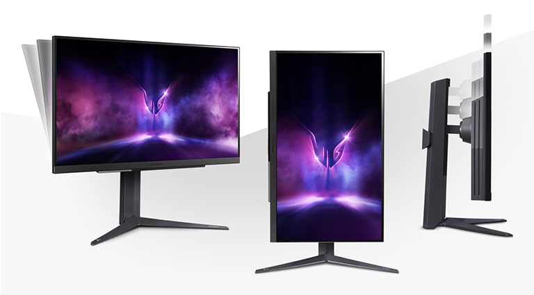 Изображението показва 3 режима на монитора без рамка от 3-те страни, за да играят геймърите удобно, да накланят монитора, да регулират височината и свободно да го въртят.