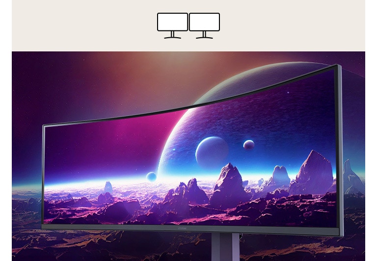 Видеото показва две пиктограми на монитора, обединени в един широк 32:9 монитор.