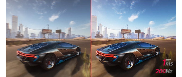 Показва две сравнени анимации, движеща се кола в играта. Двете анимации изглеждат еднакви, но първата без приложена скорост за възстановяване от 200 Hz е по-неясна от другата.