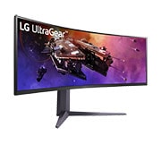 LG 45” UltraGear™ 32:9 съотношение на страните, двоен QHD, извит геймърски монитор с честота на опресняване 200 Hz, +45 градуса завъртян изглед отпред, 45GR75DC-B, thumbnail 4