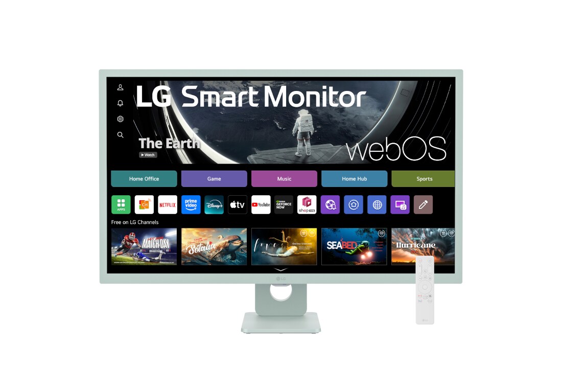 LG 32” 16:9 съотношение на страните Full HD IPS Smart монитор с webOS платформа, 32SR50F-G изглед отпред с дистанционно управление, 32SR50F-G, thumbnail 2