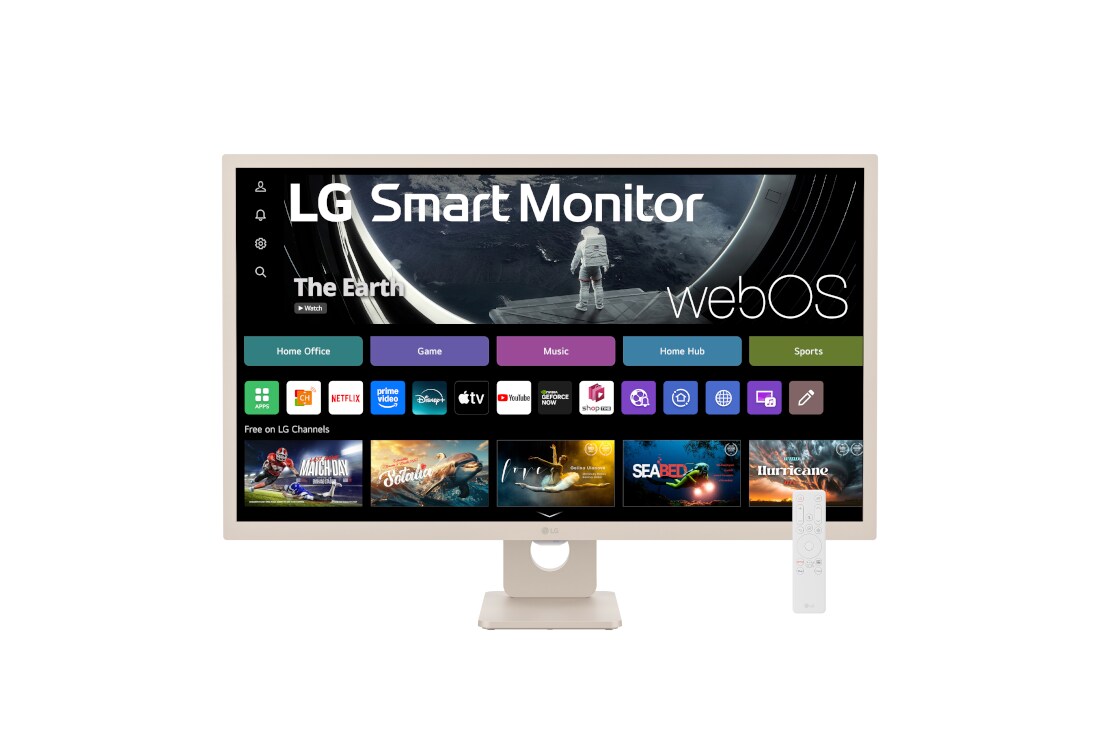 LG 32” 16:9 съотношение на страните Full HD IPS Smart монитор с webOS платформа, 32SR50F-E изглед отпред с дистанционно управление, 32SR50F-E, thumbnail 2