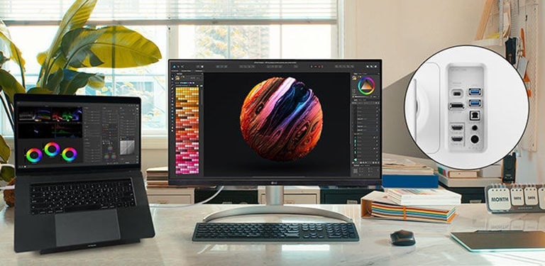 LG UltraFine™ е съвместим с различни видове устройства, като осигурява USB Type-C™, DisplayPort, HDMI порт и два USB порта.	