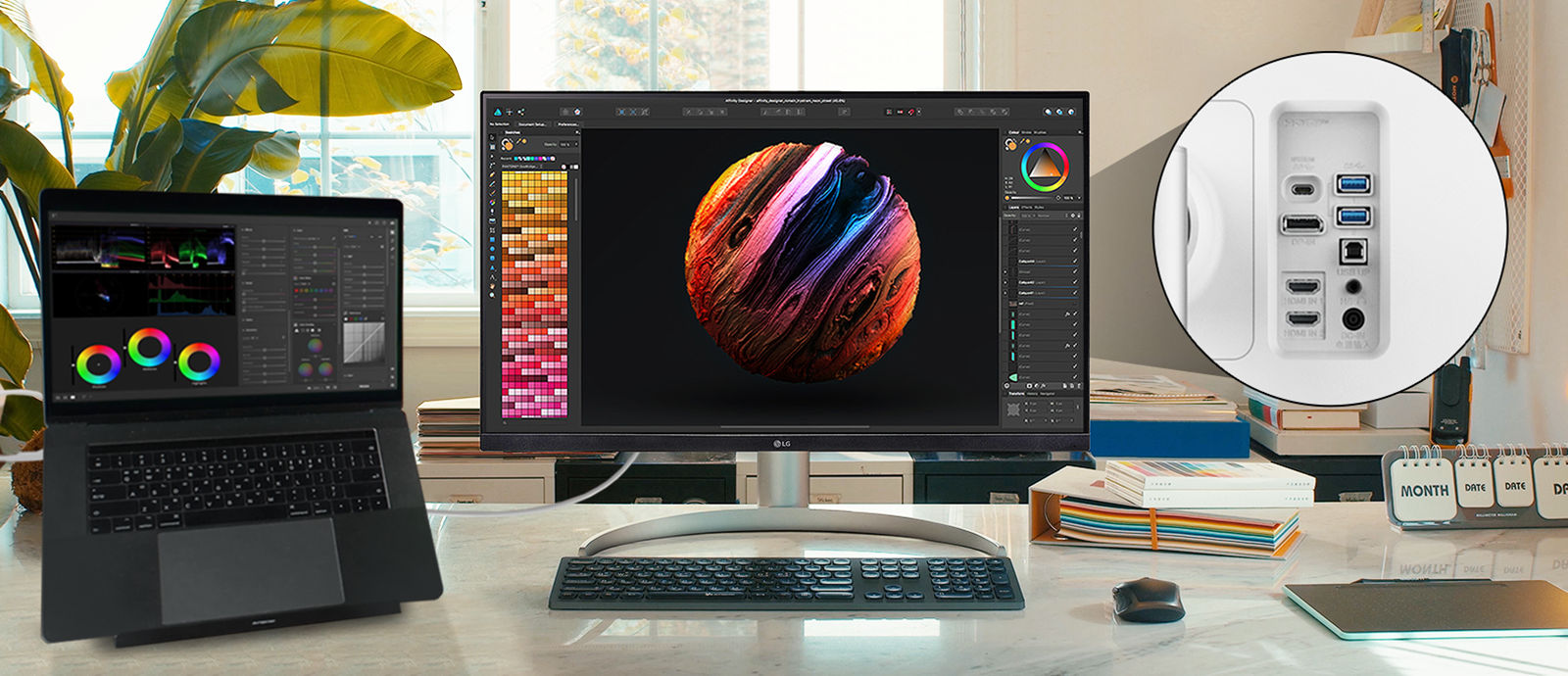 LG UltraFine™ е съвместим с различни видове устройства, като осигурява USB Type-C™, DisplayPort, HDMI порт и два USB порта.	
