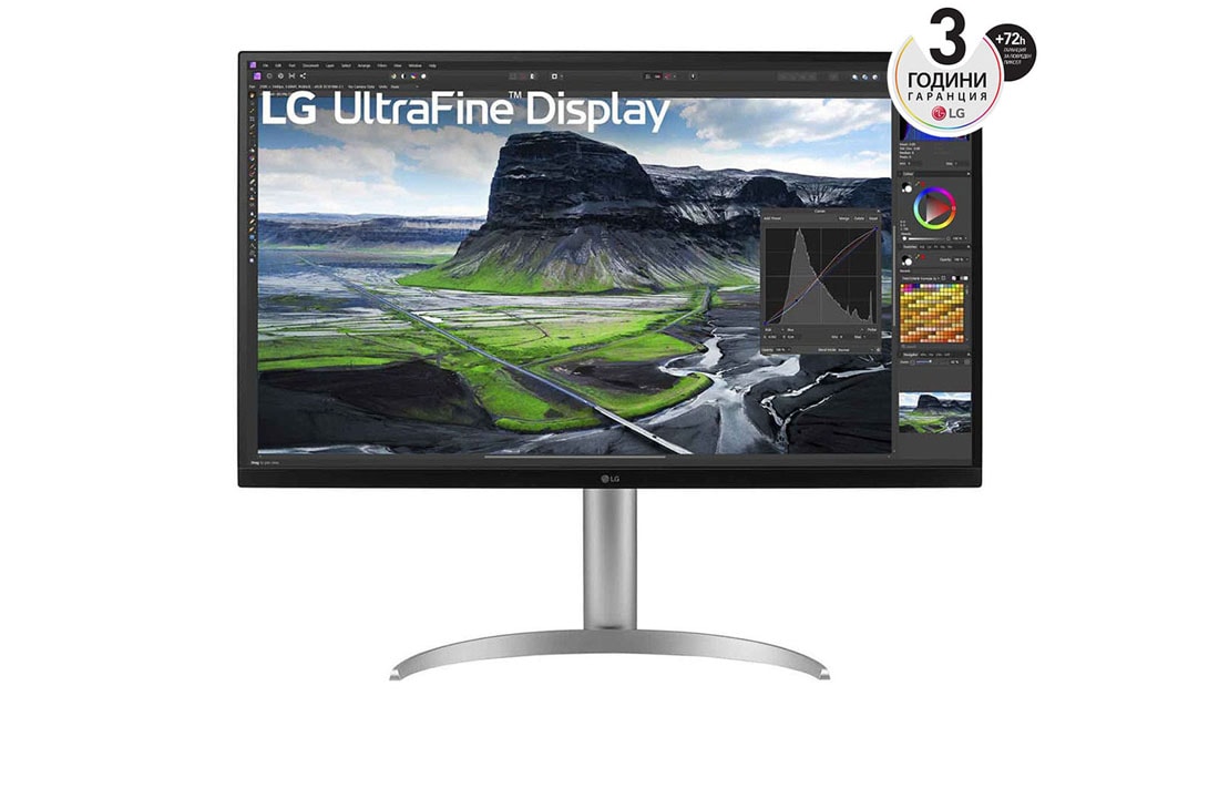 LG 32-инчов UHD 4K IPS дисплей с контрастно съотношение 2000:1, изглед отпред, 32UQ850V-W