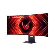 LG 45” UltraGear™ OLED 21:9 аспектно съотношение QHD извит монитор за игри с 240 Hz честота на опресняване, -15 градуса завъртян изглед отпред, 45GS95QE-B, thumbnail 2