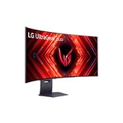 LG 45” UltraGear™ OLED 21:9 аспектно съотношение QHD извит монитор за игри с 240 Hz честота на опресняване, +45 градуса завъртян изглед отпред, 45GS95QE-B, thumbnail 4