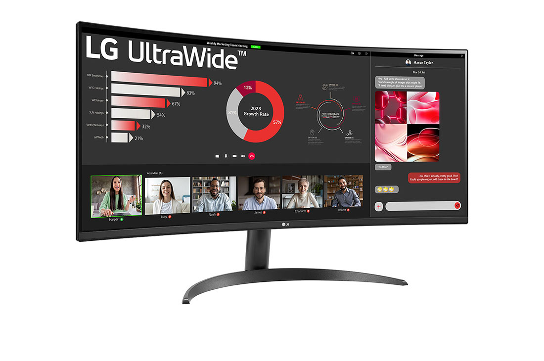 LG 34” UltraWide™ 21:9 извит VA монитор с 100 Hz честота на опресняване., изглед отстрани под ъгъл +15 градуса, 34WR50QK-B, thumbnail 3