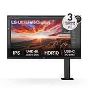 LG 32” UltraFine™ 16:9 аспектно съотношение 4K IPS Ergo монитор с честота на опресняване 60 Hz, изглед отпред - рамото на монитора е отдясно, 32UN880K-B, thumbnail 1