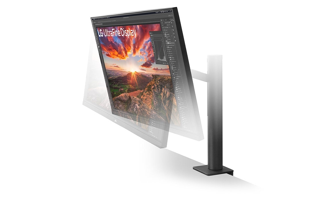 LG 32” UltraFine™ 16:9 аспектно съотношение 4K IPS Ergo монитор с честота на опресняване 60 Hz, изглед в перспектива с монитор наклонен надолу, 32UN880K-B, thumbnail 5