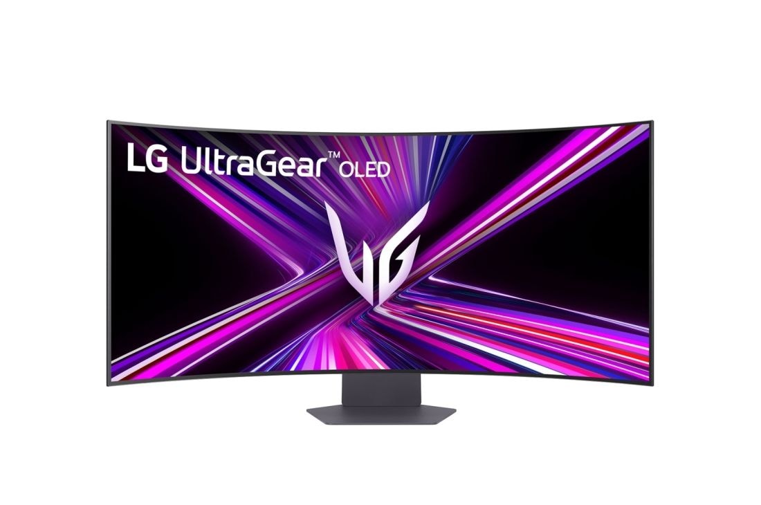 LG UltraGear™ 45-инчов OLED Dual-Mode 5K2K гейминг монитор | 0.03ms (GtG), ботаги баси (10Wx2), DisplayHDR True Black 400, DP 2.1 и USB-C, изглед отпред на монитора с наведена стойка, 45GX950A-B, thumbnail 4