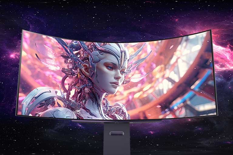 Анимиран видеоклип, който преминава от преден към горен изглед на извит монитор.