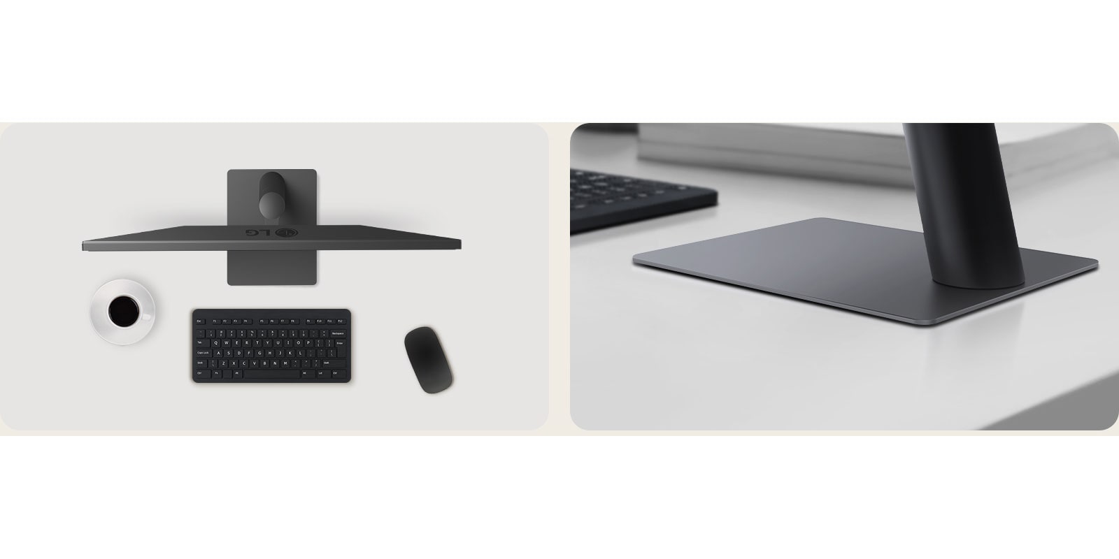 Изглед отгоре и под ъгъл на мониторна конфигурация върху чисто бюро, включваща чаша за кафе, безжична клавиатура, мишка и елегантна, нископрофилна стойка, която осигурява стабилност и спестява място.	