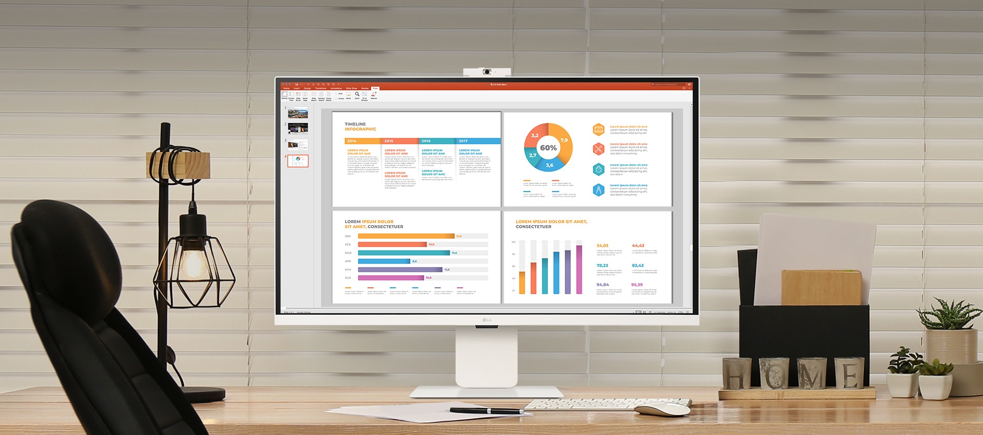 На снимката е показан монитор LG Smart Monitor на бюрото с функция за работа и забавление.	