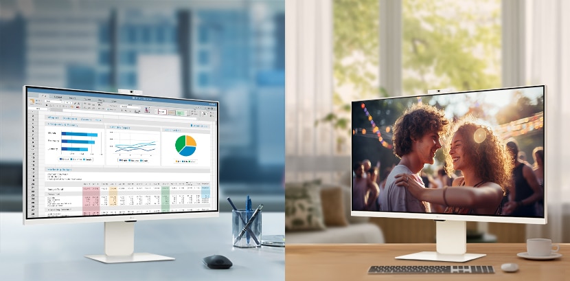 Снимка, представяща LG Smart Monitors в офиса и дома.	
