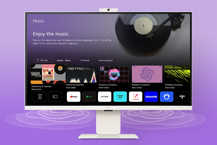 На екрана на LG Smart Monitor се показва интерфейсът на музикалните приложения.	