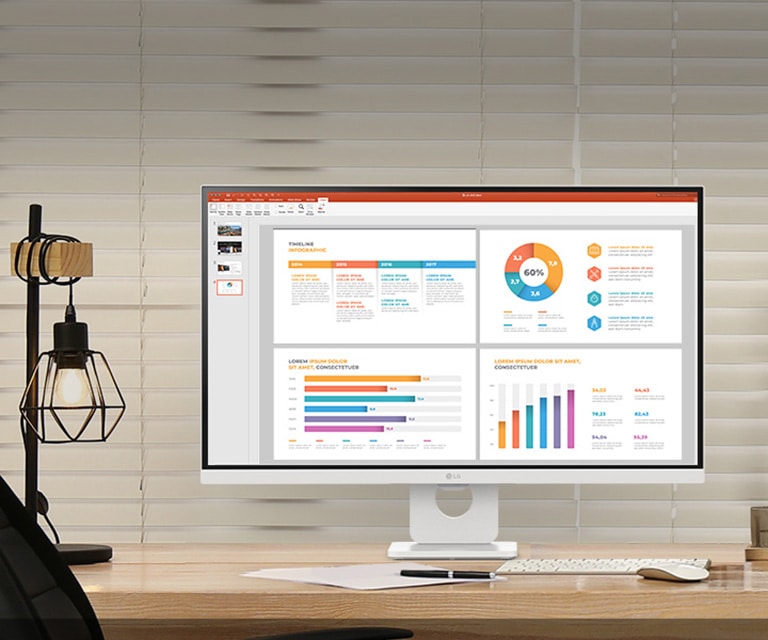 На снимката е показан монитор LG Smart Monitor на бюрото с функция за работа и забавление.	