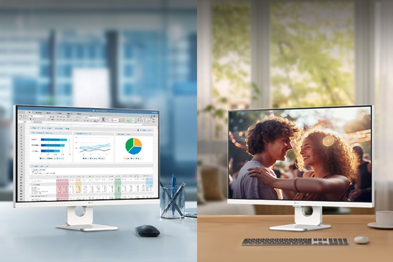 Снимка, представяща LG SMART Monitor в офиса и дома.	