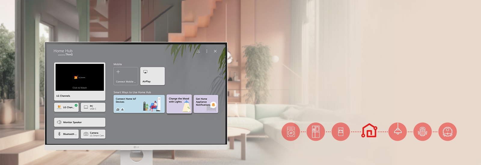 Екранът на LG Smart Monitor показва интерфейса на ThinQ Home Dashboard.	