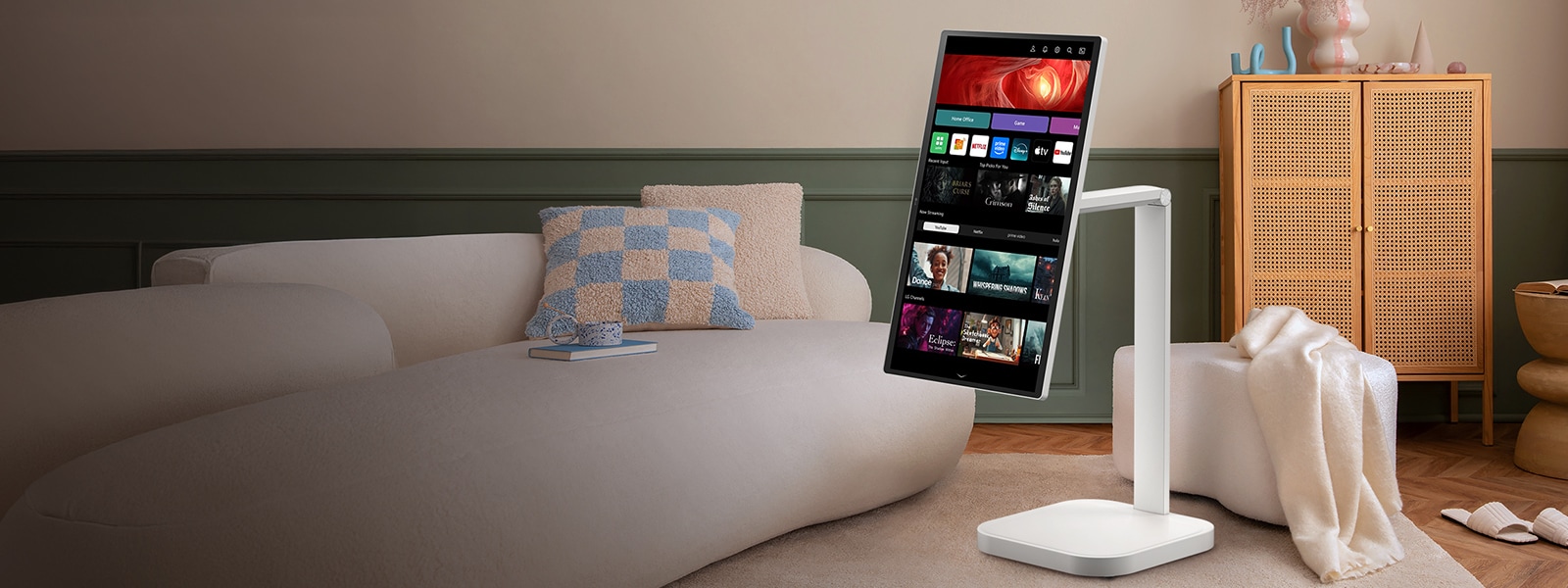 Изображение на дисплей, съчетаващ интелигентен монитор и стойка.	