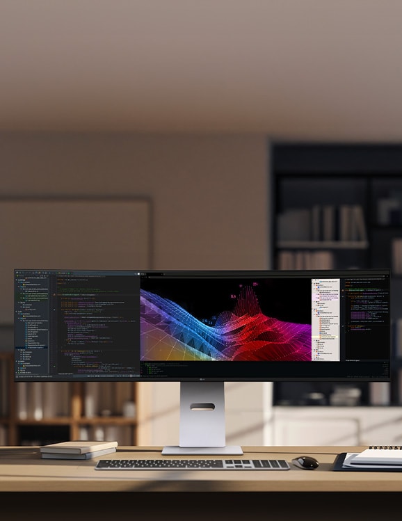 Домашна офис обстановка с голям ултраширок монитор LG, на който се показват таблици и графики, с клавиатура и мишка на бюро.