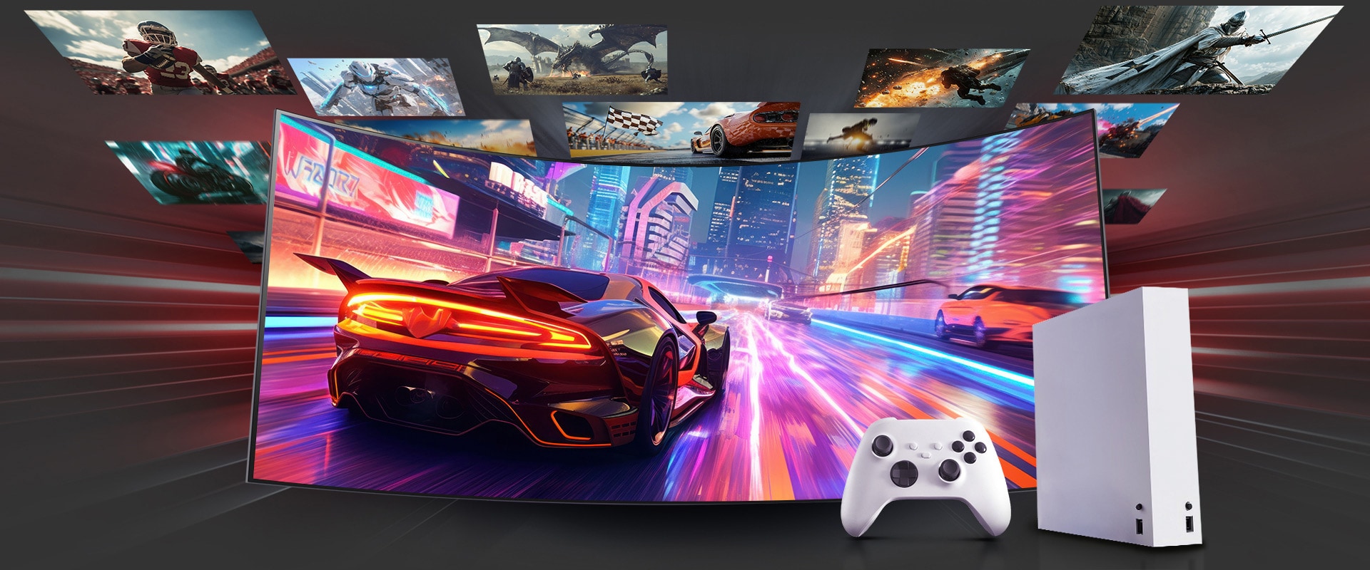 Извит геймърски монитор показва игра с кола в осветен град. Другите сцени се движат по екрана. Има бял контролер за конзола.