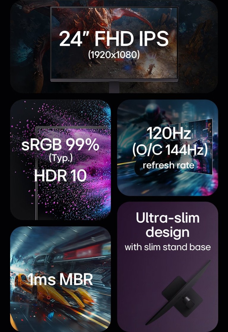 24-инча FHD IPS 1920x1080, sRGB 99%, HDR 10, 120Hz честота на опресняване, 1ms MRB, ултра тънък дизайн