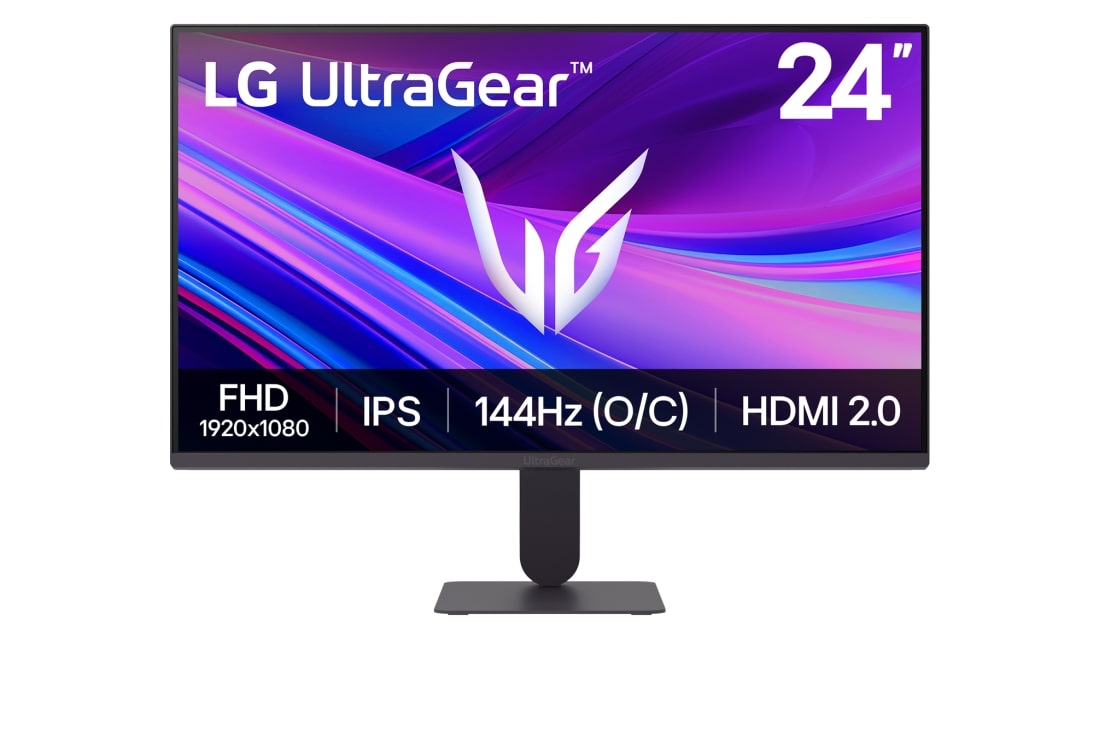 LG 24-инчов UltraGear™ IPS FHD геймърски монитор с честота на опресняване 144Hz, изглед отпред, 24G411A-B