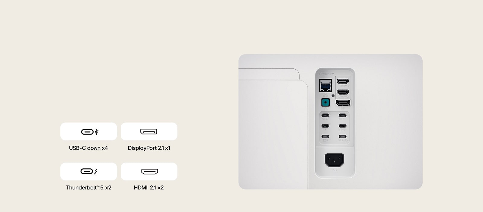 Изображение отблизо на портовете на монитора UltraFine, показващо различните кабелни връзки, които има.