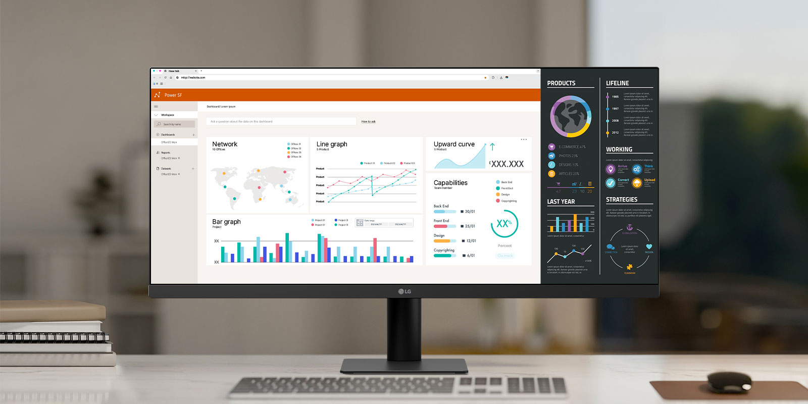 Изключително широк монитор LG на бюро в офис, показващ множество табла с данни и графики за продуктивност и многозадачност.