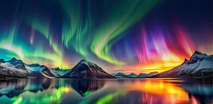 Ярък пейзаж от северно сияние, демонстриращ висок динамичен диапазон на цветовете и контраста.