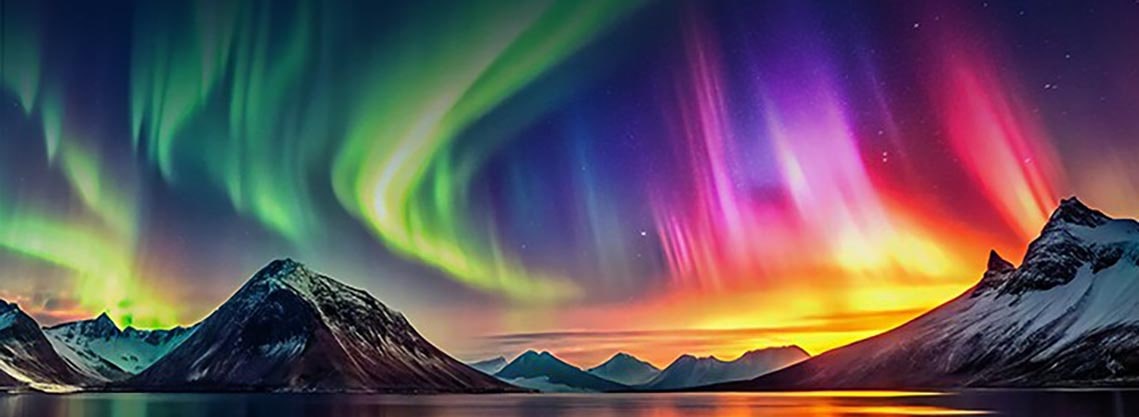 Ярък пейзаж от северно сияние, демонстриращ висок динамичен диапазон на цветовете и контраста.