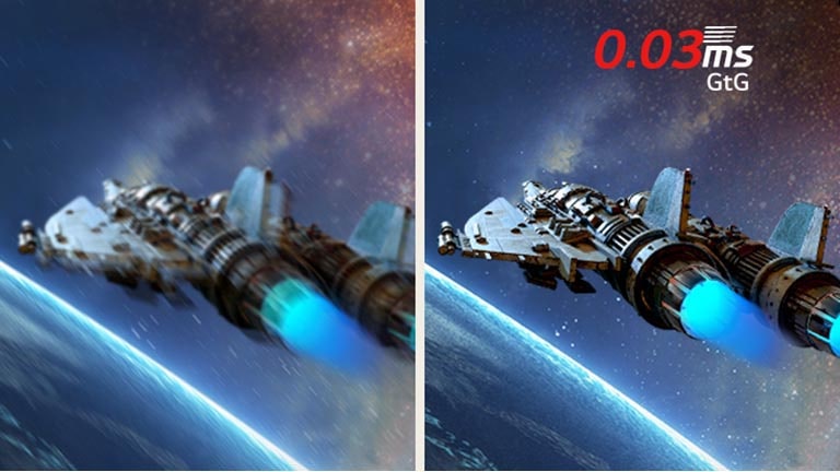 Едно до друго сравнение на космическа сцена, показваща космически кораб, летящ над Земята. Лявата страна изглежда размазана, докато дясната е остра и ясна, с обозначение „0.03ms GtG“ в горния десен ъгъл – демонстриращо ултрабързото време за реакция на монитора за намалено размазване от движение.