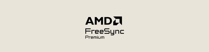 Изображение, показващо логото на сертификацията AMD FreeSync™ Premium в черно, центрирано на светлобежов фон.